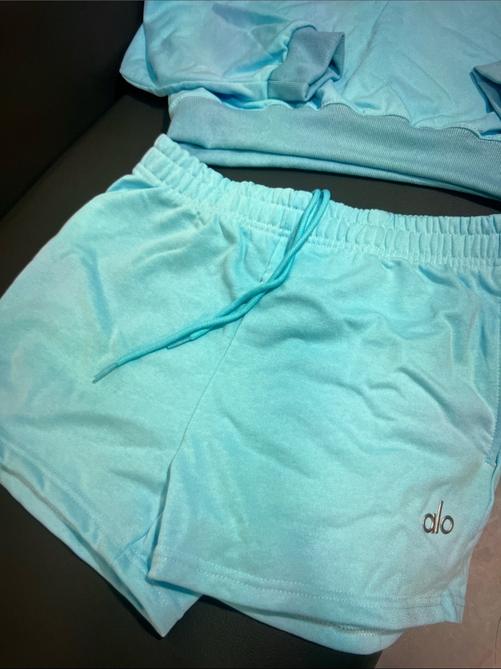 ALO Yoga Light Blue Crew Sweatshirt and Shorts Set - Picture 7 of 8